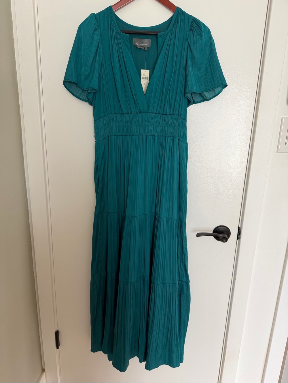 Anthropologie Teal Pleated V-Neck Maxi Dress